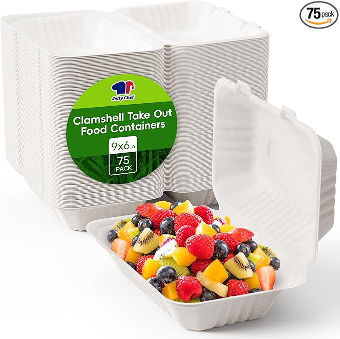 JOLLY CHEF Clamshell To Go Containers, [9 * 6" 75-Pack], Sugarcane To Go Boxes for Salad, Lunch
