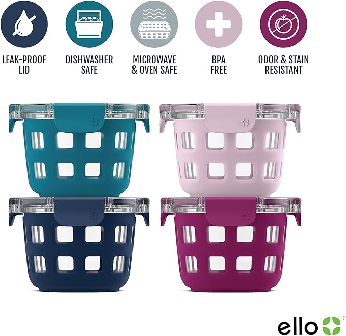 Ello Duraglass 4-Pack 2 Cup Reusable Glass Container Jar with Leak Proof Lids and Protective Silicone Sleeves | Perfect for Overnight Oats, Yogurt | BPA-Free | Dishwasher Safe | Evening Orchard