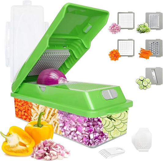 LHS Vegetable Chopper, Multifunctional Food Chopper, Pro Onion Chopper, Vegetable Slicer Dicer Cutter with 5 Blades, Veggie Chopper with Container(8-in-1,Green)