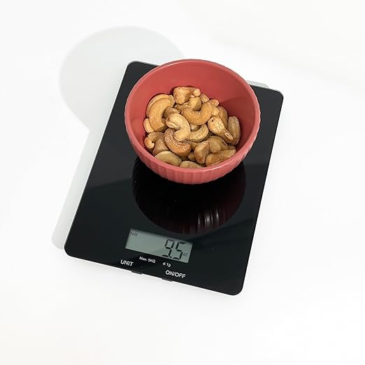 Glass Platform Digital Kitchen Scale - 11lbs / 5kg Capacity - LCD Display g kg oz lb fl.oz ml - CR2032 Battery Included - White