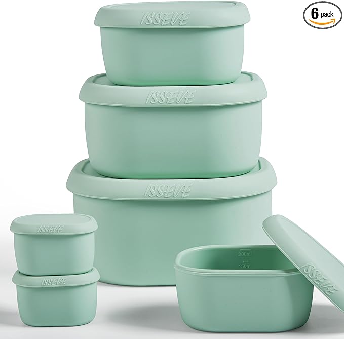 ISSEVE 6Pcs/Set Nesting Silicone Food Storage Containers with Lids, BPA Free Reusable Meal Prep Silicone Containers Lunch Box Bento Box Set (33.8oz, 20oz, 10oz, 6.7oz, 1.3oz) (Green)