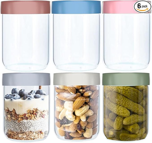 6 Pack 16Oz Glass Jars with Lids, Overnight Oat Jar with Lid, Wide Mouth Mason Jar Airtight Glass Food Storage Containers for Snacks Salad Fruit Yogurt Cereal Meal Prep Leak Proof