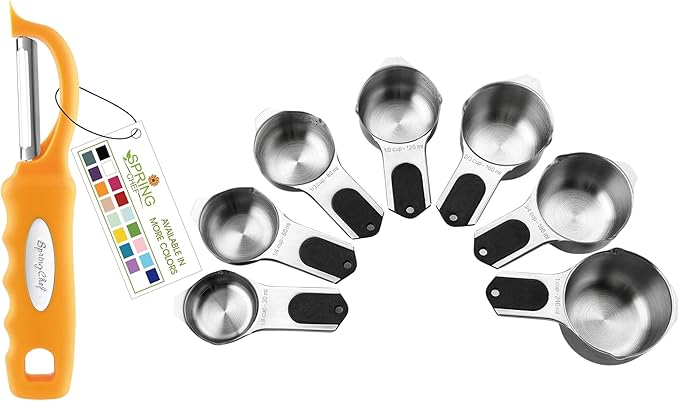 Spring Chef Premium Swivel Vegetable Peeler, Mango & Stainless Steel Magnetic Measuring Cups, Set of 7, Black - 2 Product Bundle