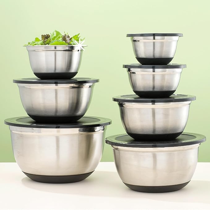 JoyJolt Stainless Steel Mixing Bowls with Airtight Lids, 7 Piece Nesting Bowls Set for Kitchen with Measurement Marks, Non-Slip Bottoms, Cooking, Baking, Prepping, Storage, 7/5/4/3/1.5/1/.75QT, Black