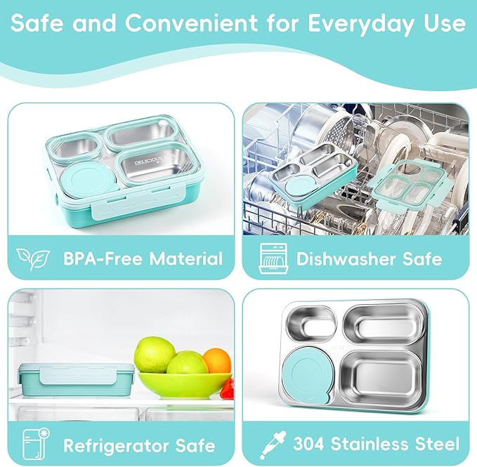 36-oz Lunch Box Containers Stainless Steel Bento Box for Adults with 4-Compartment Snack Tray, Soup Bowl with Lid & Metal Spoon, Dishwasher Safe, Easy to Carry, Green