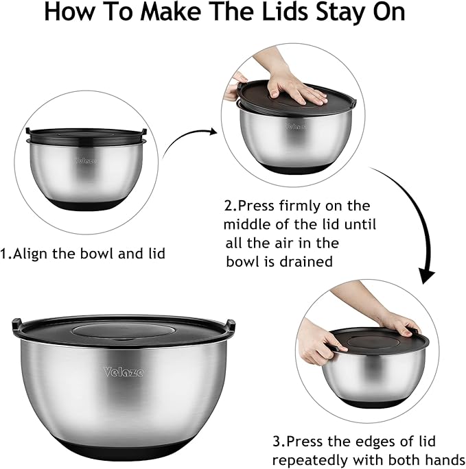 Velaze Mixing Bowls Set of 5, Stainless Steel Nesting Bowls with Airtight Lids, 3 Grater Attachments, Non-Slip Bottom & Measurement Marks, Size 5, 3, 2, 1.5, 1 QT for Mixing & Prepping