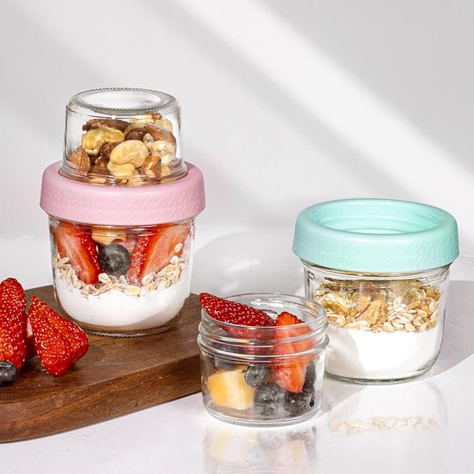 ComSaf 8oz 2 Pcs Overnight Oats Containers with Lids, Glass Yogurt Parfait Cups for Cereal Nut Fruit, Dual-Layer Chia Pudding Jars Reusable, Small Mason Jars for Salad, Meal Prep, Snack, Oatmeal