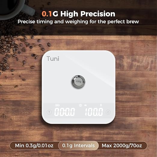 Tuni Mini Coffee Scale with Timer, Rechargeable Digital Espresso Scale with Auto Timing, 0.1g/2kg Accurate Scale for Espresso and Pour-Over Coffee