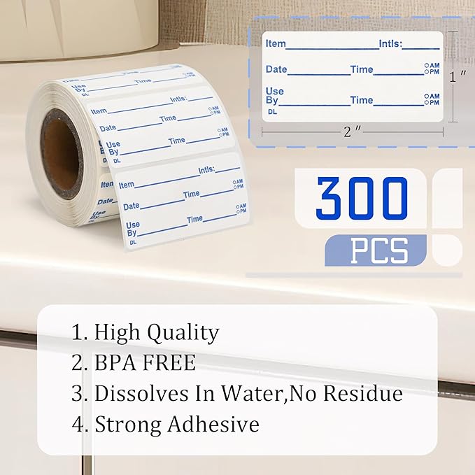 L LIKED 2x1 Dissolvable Labels, 300 Stickers, Use by Food Rotation Labels for Storage and Container (300, Blue)