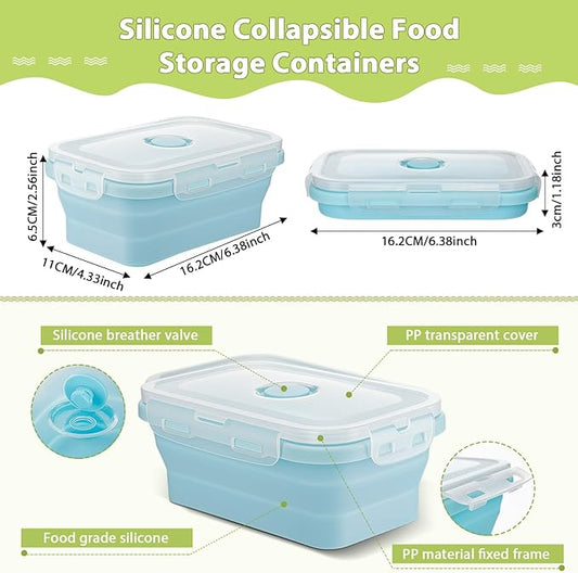 Mifoci Set of 8 Silicone Collapsible Food Storage Containers 17 oz Collapsible Meal Container Square Bowl with Vent Lids, Microwave, Freezer and Dishwasher Safe (Blue, Gray, Pink, Green)