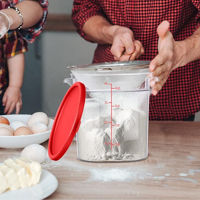 Suclain 4 Pcs 4 Qt Food Storage Container Bucket with Lids Clear Proofing Containers for Dough Rise Bread with Scale Handle Round Flour Commercial Storage Bucket for Home Restaurant Food(Red)