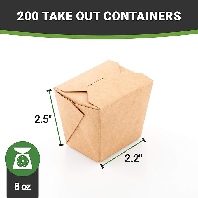 Restaurantware-8 Ounce Noodle Take Out Boxes, 200 Disposable Food To Go Boxes - Tab-Lock, Stackable, Kraft Paper Take Home Boxes, Greaseproof, For Restaurants, Catering, And Parties