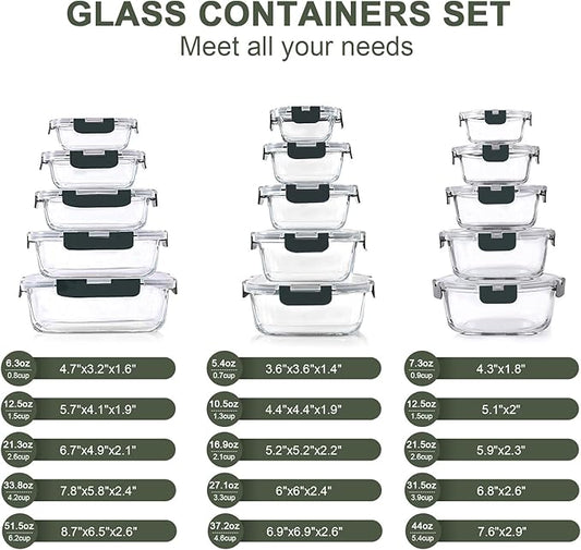 30 Pieces Glass Food Storage Containers Set, Glass Meal Prep Containers Set with Snap Locking Lids, Airtight Glass lunch Containers for Microwave, Oven, Freezer & Dishwasher,Gray