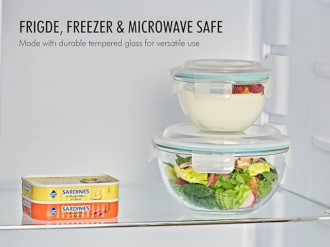 Glasslock Mixing Bowl with Latching Lids 8-Pieces Set – Airtight, Leakproof, BPA Free Lids, Nesting, Meal Prep, Baking, Salad, Food Storage & Serving Bowl, Microwave, Fridge & Freezer, Dishwasher Safe