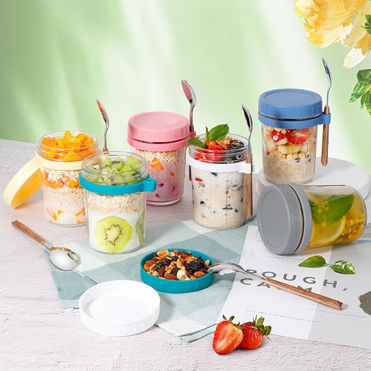 Overnight Oats Jars with Spoons - 16 Oz Glass Jars with Lids - 6pack Yogurt Containers for Overnight Oats, Meal Prep, Yogurt, Chia Pudding, Salad, Fruit