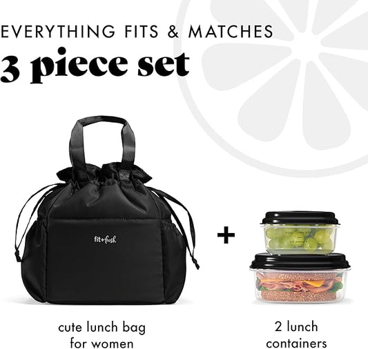 Fit & Fresh Lunch Bag For Women, Insulated Womens Lunch Bag For Work, Stain-Resistant Large Lunch Box For Women With Containers, Cinch Closure Cromwell Bag, Black