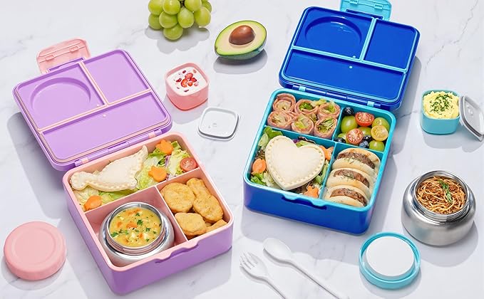 Fimibuke Bento Box for Kids with Thermos, 60OZ Bento Lunch Box Container with Leakproof 8OZ Insulated Food Jar, 3-4 Compartments, Sauce Jar, Utensils for Teens Toddler Adult, BPA-Free, Dishwasher Safe