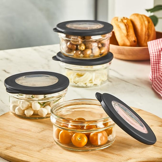 4-Piece Glass Food Storage Container Set with Airtight Lids – 450ml (15oz) Round Bowls, Leakproof and BPA-Free, Ideal for Meal Prep, Leftovers, and On-the-Go Snacks – Black