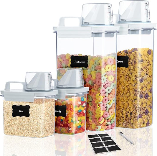 Cereal Storage Container Set (Measuring Cups) BPA-Free PET Plastic Material, Reusable, Pantry Organizer, Food Portion Containers (Set of 4, 2 Large, 2 Small)