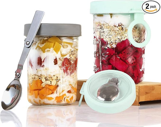 Overnight Oats Containers with Lids and Spoons - Glass Cups for Yogurt, Milk, Cereal, Pudding, Parfait, Oatmeal, Juice, Airtight Glass Canisters, 12 oz Mason Jars, Set of 2