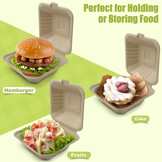 Green Earth, 6-inch, 125-Count, Ribbed Hamburger Compostable Clamshell, BAM Ware (Bamboo Fiber), Take-Out/to-Go Food Boxes - Biodegradable Containers, Hinged Lid Microwave-Safe Gluten-Free