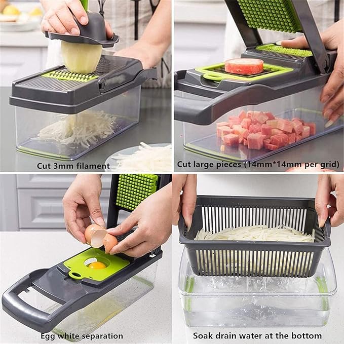 Vegetable Chopper Food Cutters Mandoline Slicer for Kitchen 8 In 1 with Container Household Kitchen Gadgets for Vegetable Fruit with Multi Blade Egg Separator -Cortador de Vegetales Gray