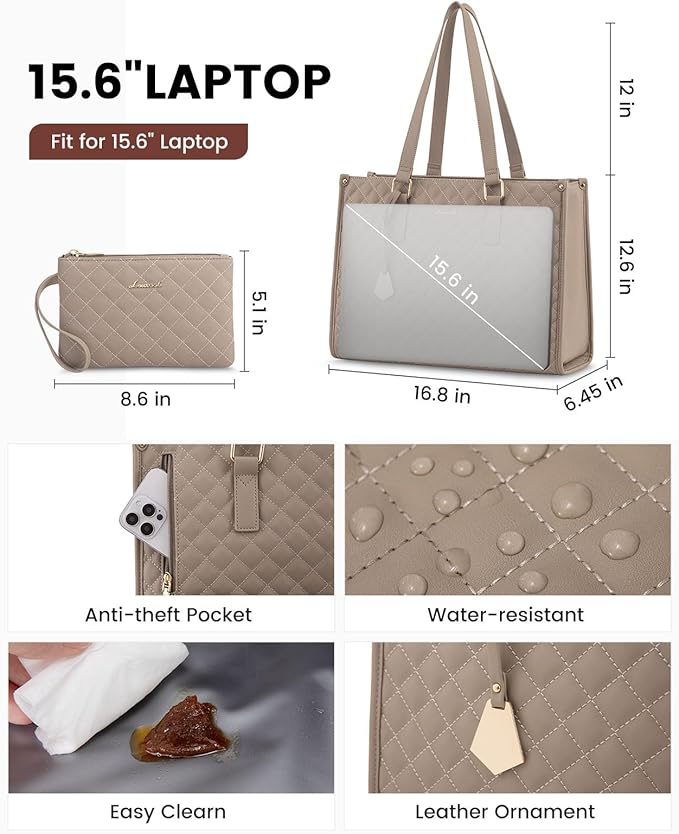 LOVEVOOK Lunch Tote Bag for Women, 15.6 Inch Laptop Bag with Insulated Lunch Compartment, Quilted Large Capacity Computer Handbag with Purse for Business, Work, Collage, Office, Casual, Clay pink