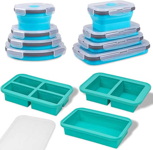 Bundle of 8 Pack Collapsible Food Storage Containers with Lid Blue + 3 Pack Silicone Freezer Trays with Lids Aqua