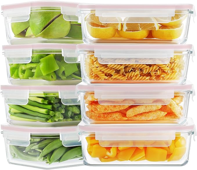 Bayco 8 Pack 30oz Glass Food Storage Containers, Glass Meal Prep Containers, Airtight Storage Containers with Lids - BPA-Free & Leak Proof (8 lids & 8 Container), Pink