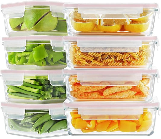 Bayco 8 Pack 30oz Glass Food Storage Containers, Glass Meal Prep Containers, Airtight Storage Containers with Lids - BPA-Free & Leak Proof (8 lids & 8 Container), Pink