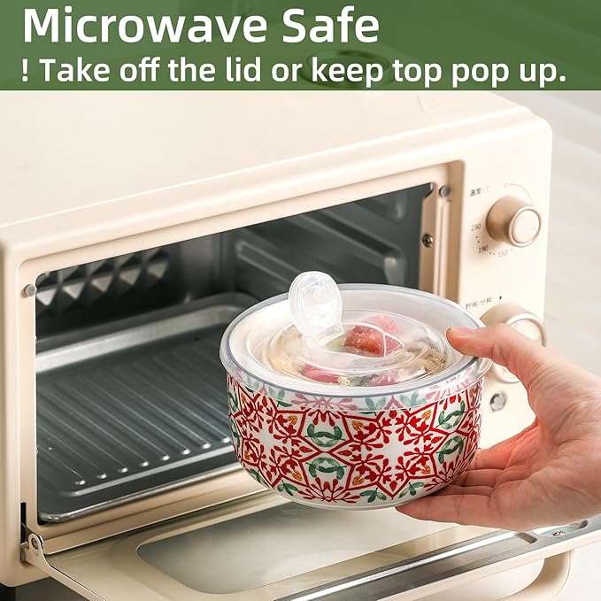 Ceramic Bowl with Lid: Microwave Safe Soup Containers Set of 4 for Meal Prep, Cereal, Salad, Picnic, Camping, Office Lunch, Kitchen Food Storage - 5 Inch, 20 oz, Design A