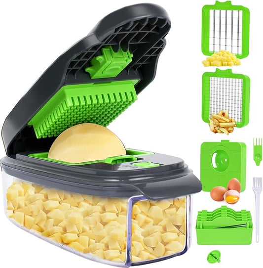 Vegetable Chopper Tear-Free Onion Chopper with 2mm Slice/Dice/Shred & Egg Separator for Quick Dinners (Gray & Green 8 in1)