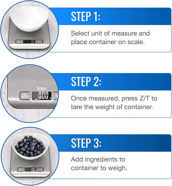 DMI Digital Food Scale and Kitchen Scale for Cooking, Baking and Meal Prep, Withstands up to 11 Pounds of Weight, Measures units between oz, g, mL, lb, oz, 304 Stainless Steel