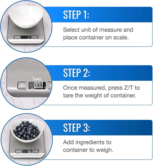 DMI Digital Food Scale and Kitchen Scale for Cooking, Baking and Meal Prep, Withstands up to 11 Pounds of Weight, Measures units between oz, g, mL, lb, oz, 304 Stainless Steel