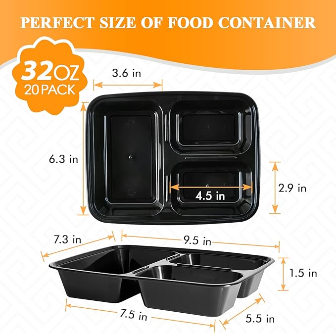 MUCHII 32 oz 3 Compartment Meal Prep Containers With Lids 20 Count To Go, Plastic Disposable Food Containers Microwave and Freezer Safe