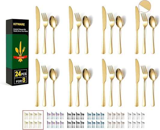 24 Pieces Knifes Forks Spoons Set for 8, KITWARE Gold Silverware Set, Flatware Stainless Steel for Lunchbox, Mirror Polished Cutlery, Kitchen Travel Utensils Set Outdoor Camping Picnic