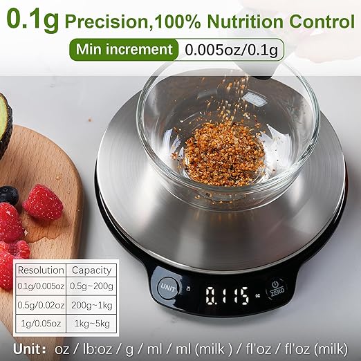 Smart Nutritional Scale, 0.005oz / 0.1g High Precision, Free APP with Nutrients Tracking, Calorie, Marco, Ounces and Grams, for Kitchen, Weight Loss, Meal Prep, etc. Black & Grey