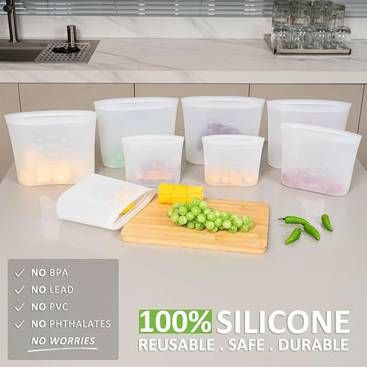 Reusable Storage Bag, 8 Pack 100% Silicone Food Storage Bags Stand Up Silicone Zip Lock Bags for Food Container, Freezer Microwave Oven Dishwasher Safe, 4 Large 2 Medium 2 Small, Translucent