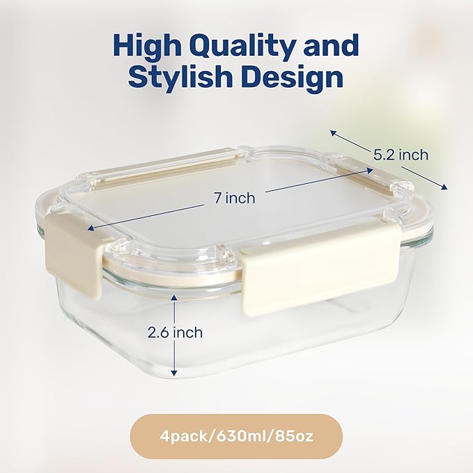 YSSOA All Temp Food Storage Container, Glass Meal Prep Containers with Lids, BPA-Free,Glass Lunch Boxes, Microwave, Oven,Dishwasher Friendly,BPA-Free,Ideal for Lunch, Meal Prep & Leftovers, 4 Packs