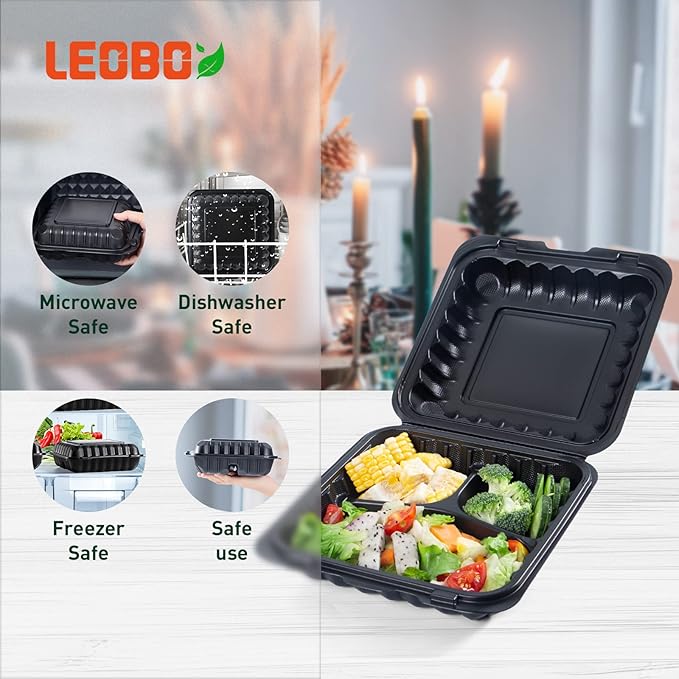 Meal Prep Containers, Reusable 65 Pack Clamshell Food Container 7.8 Inch Black MFPP 3 Compartment To Go Bento Boxes