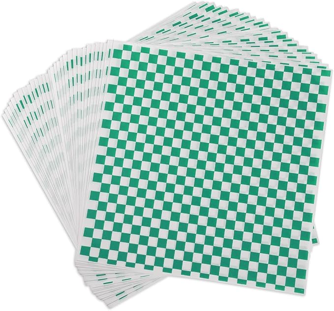 GeeRic Waxed Deli Paper Sheets 12 * 12 Inch, 200 Pcs Food Basket Liners for Sandwiches, Burgers, Checkered Deli Wrap Wax Paper Sheets Green