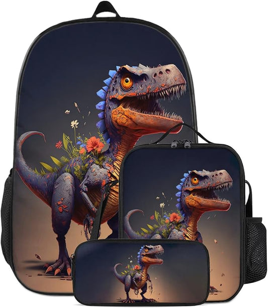 Dinosaurs Backpack - Bundle 3 Pieces for Teens, Boys and Girls Dinosaurs Backpack Includes Bookbags Insulated Lunch Bag and Pencil Case Perfect for School and Everyday Use