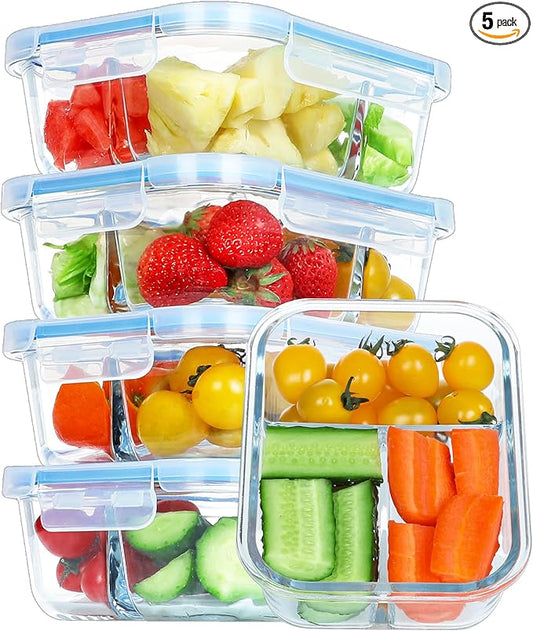 BAYZZ 5 Pack 35 Oz Glass Meal Prep Containers 3 Compartments, Glass Food Storage Containers with Lids, Airtight Bento Box Lunch Container-Microwave, Freezer & Dishwasher Safe, Blue