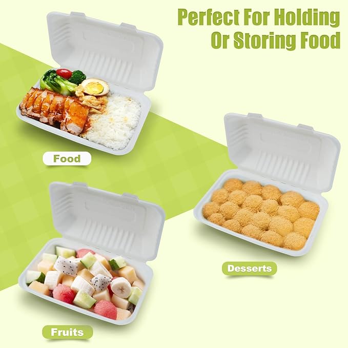 Green Earth 9x6x3 inch, 125-Count, 1-Compartment, Compostable Clamshell, Natural Bagasse (Sugarcane Fiber), Take-Out Food Boxes - Biodegradable Containers, Hinged Lid Microwave-Safe Gluten-Free