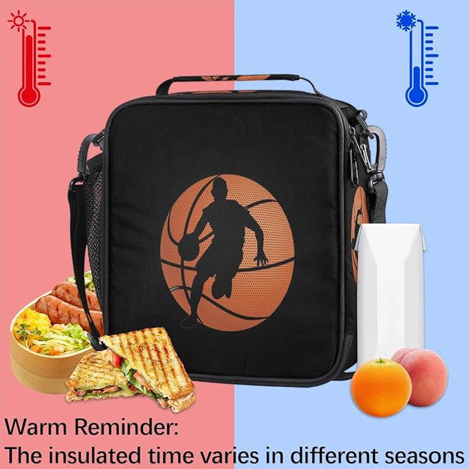 Lunch Box for Kids Boys Girls Black Basketball Kids Lunch Bag Insulated Lunch Bag Tote with Adjustable Shoulder Strap Teens Lunchbox Cooler School Picnic