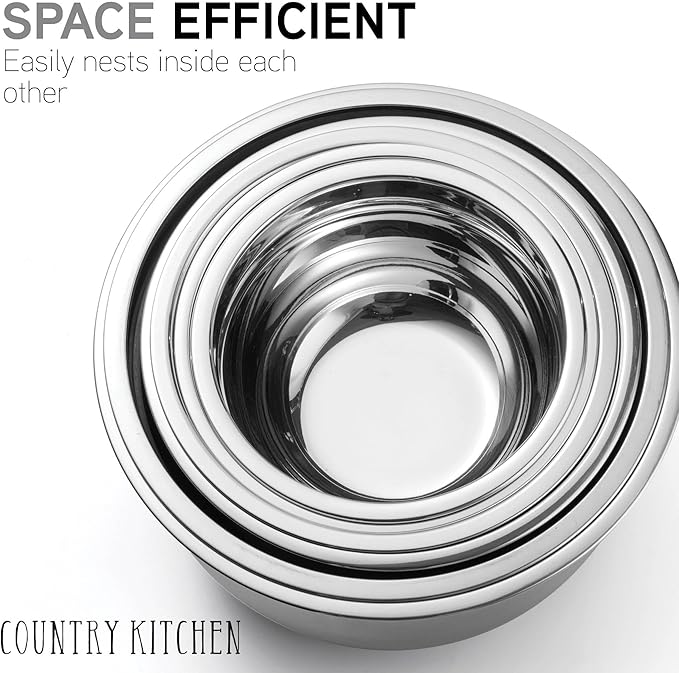 Country Kitchen Mixing Bowls with Airtight Lids - 12 piece Stainless Steel Metal Nesting Storage Bowls, Non-Slip Bottoms (Black)