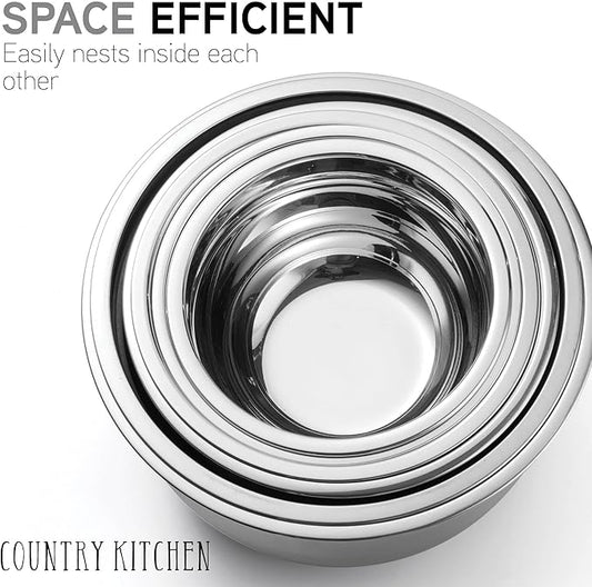 Country Kitchen Mixing Bowls with Airtight Lids - 12 piece Stainless Steel Metal Nesting Storage Bowls, Non-Slip Bottoms (Black)