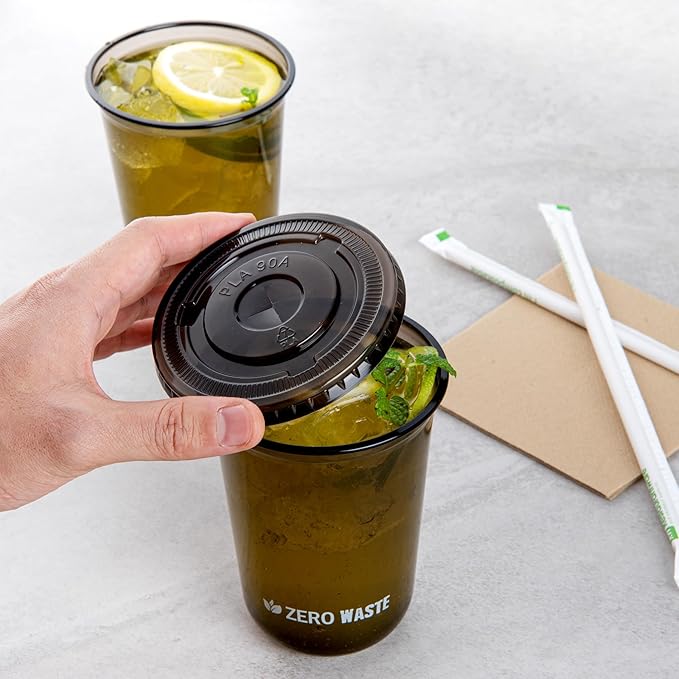 LIDS ONLY: Zero Waste 3.5 x 3.5 Inch Plastic Lids, 100 Disposable Flat Lids - Cups Sold Separately, Commercially Compostable, Black PLA Plastic Lids, Fits 12,16, And 24 Ounce Cups - Restaurantware