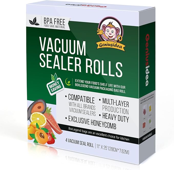 Food Saver Vacuum Sealer Bags, 4 Pack 11" x 25'ft Rolls, Commercial Grade, Meal Prep, Microwave & Freezer Safe, Sous Vide
