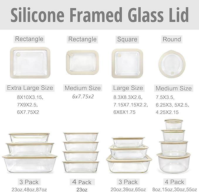 Urban Green Glass Food Container Set with Glass Lid, 4 Pack, Glass Containers with Silicone Framed Glass Lid, Airtight, LeakProof, 100% Plastic Free, Glass Meal Prep Containers (White Color)
